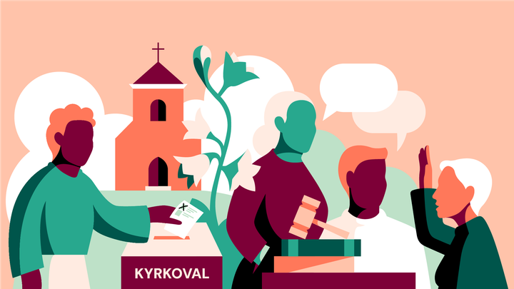 Illustration av människor som deltar i kyrkovalet med en kyrka i bakgrunden.