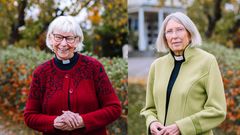 Två kvinnor iklädda prästkragar står ute. Den ena bär en röd tröja och den andra en grön.