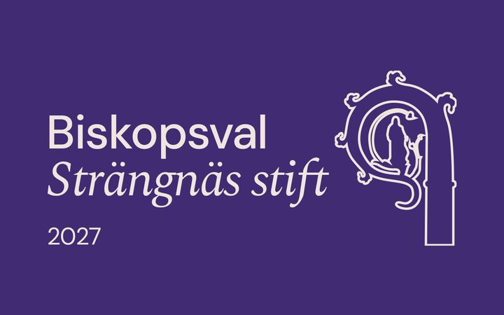 Bildelement med texten "Biskopsval Strängnäs stift 2027" med vit stiliserad biskopsstav mot lila bakgrund.