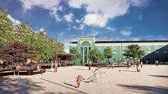 Visionsbild av den nya grönskan och utemiljön på Vaksala torg, som invigs under Vaksalafesten på nationaldagen den 6 juni. Illustration: Nyréns Arkitektkontor