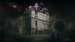 Illustration av Uppsala Konsert & Kongress som mörk Warhammer 40 000-fästning med färgglada figuriner på taket.