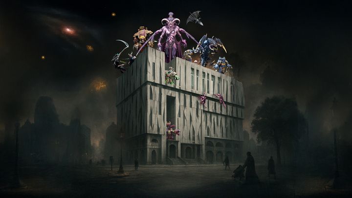Illustration av Uppsala Konsert & Kongress som mörk Warhammer 40 000-fästning med färgglada figuriner på taket.