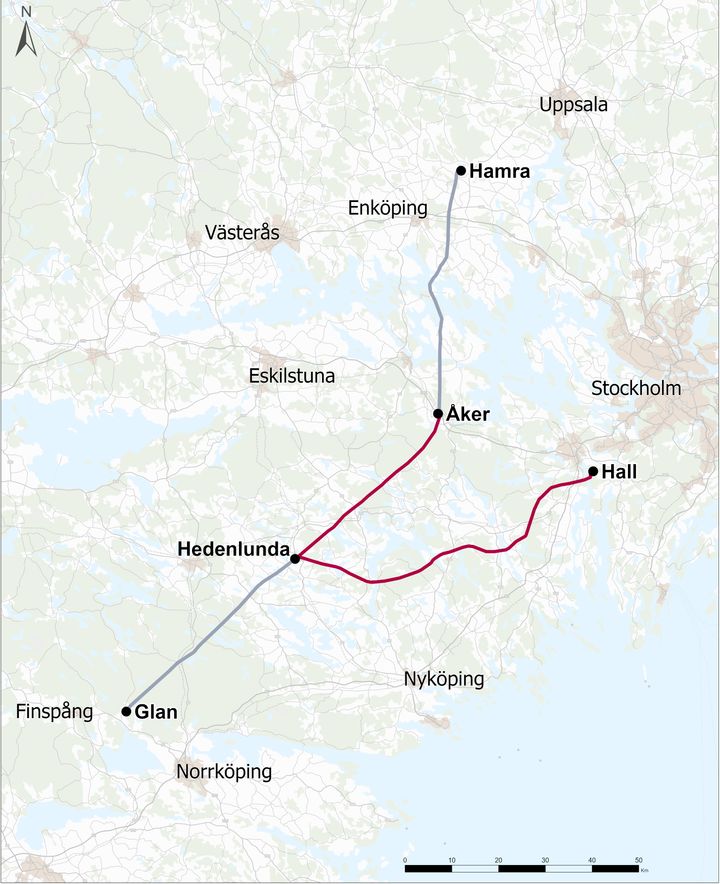 I rött: Åker-Hedenlunda och Hall-Hedenlunda som startar upp nu. I grått: Hamra-Åker och Hedenlunda-Glan som pågår sedan hösten 2024.