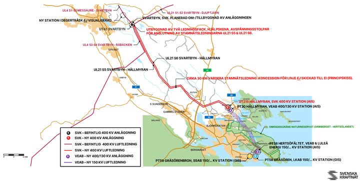 Dubbla växelströmförbindelserna på 400 kV vardera, ska byggas mellan Svartbyn i Boden till Hällmyran i Luleå.