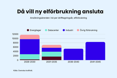 Bilden visar önskat idrifttagningsår för effektuttag, det vill säga fram till dess att Svenska kraftnät har reserverat kapaciteten och skickat ett förhandsbesked.