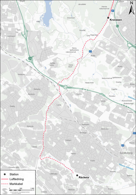 Markkabel från Kronåsen i Sollentuna till Råcksta i Stockholm.