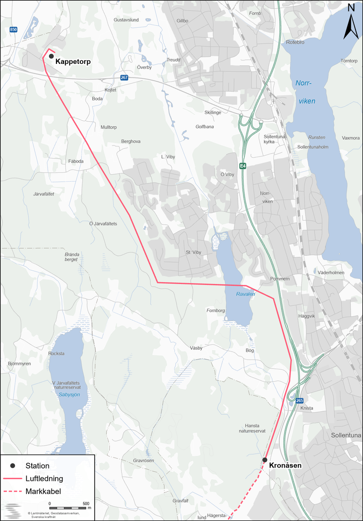 Luftledning från Överby till Kronåsen i Sollentuna kommun.