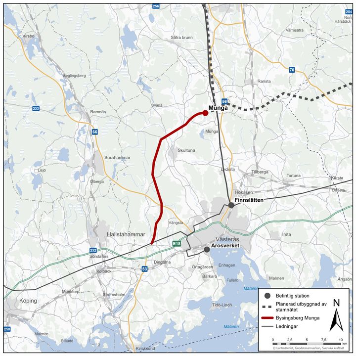 Svenska kraftnät har fått klartecken att bygga en 25 kilometer långa 420 kV ledning mellan Bysingsberg–Munga i Västerås stad. Se röd linje.