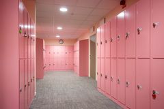 Flera rader med elevskåp målade i en rosa färg och ett ljusgrått golv. Inga elever syns på bilden.