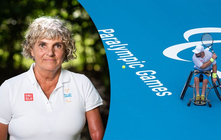 Fotomontage med Åsa Llinares Norlin, ordförande Sveriges Paralympiska Kommitté och en miljöbild från en paralympisk rullstolstennismatch.