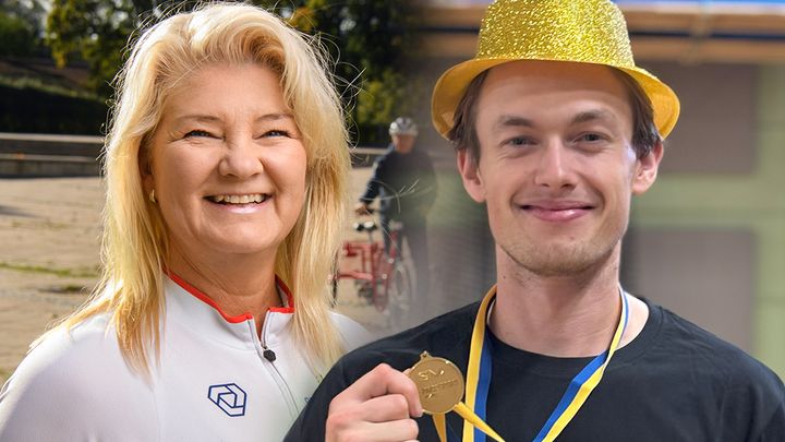 Porträttmontage. Eva till vänter i vit cykeldräkt och Arvid till höger med guldhatt.