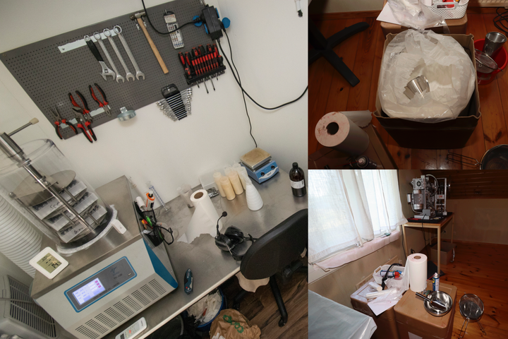 Alt text: Bilder som visar utrustning och material för illegal läkemedelsproduktion.