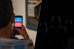 Person håller i en mobiltelefon med text om olagliga läkemedel; tre personer i mörka kläder står i skuggan.