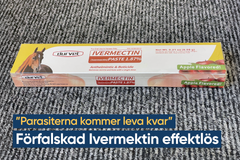 Läkemedelsförpackning. Text i bild: "Förfalskad Ivermektin effektlös".