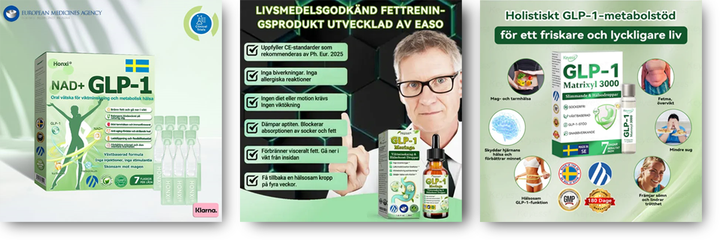 Alt text: Tre annonser med produkter, där Läkemedelsverkets och Europeiska läkemedelsverkets logotyp används utan tillstånd.