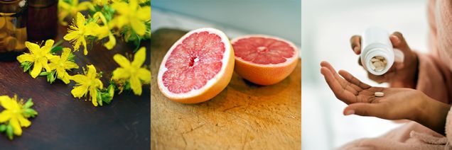 Bild med Johannesörtblommor, en delad grapefrukt och en person som håller kosttillskottstabletter i handen.