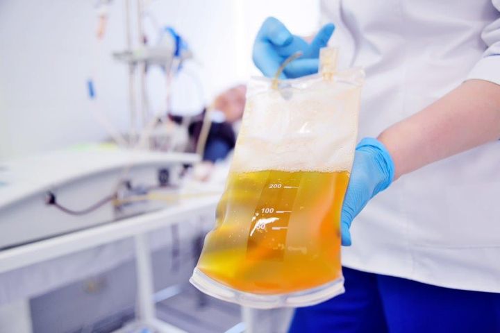 En person håller upp en påse med blodplasma