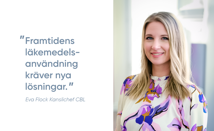 Porträtt av Eva Flock i färgglad blus, bredvid ett citat om framtidens läkemedelsanvändning som kräver nya lösningar.