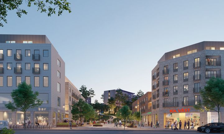 En visionsbild med exempel på hur Flogsta kan komma att se ut enligt den nya detaljplanen. Två flervåningshus varav ett rymmer en matvarubutik.