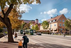 Uppsala ska få spårväg till 2029. Visionsbild av Fågelsången. Illustration: White arkitekter.
