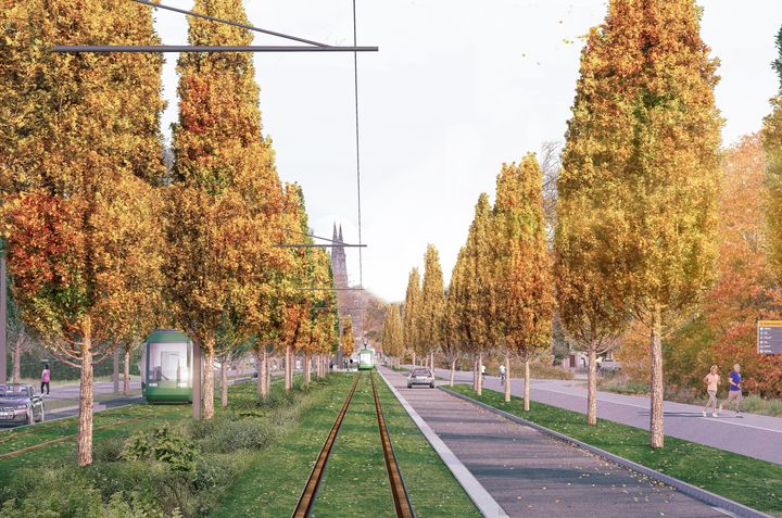 Med spårväg förbi Dag Hammarskjölds väg bryts Uppsalas asfaltsvägar av med gröna, lummiga spår. Visionsbild. Illustration: White arkitekter