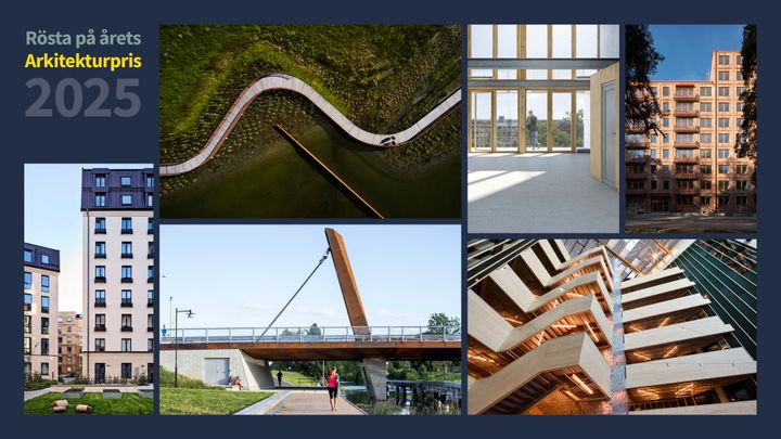 Här är de sex finalisterna till årets Arkitekturpris 2025. Alla kan rösta på sin favorit via kommunens hemsida. Foto: Verket, Lumi, Dagvattendammen på Exercisfältet fotograf: Måns Berg. Docenten fotograf: Peder Lindbom. RAW fotograf: Sebastian Thorén. Tullgarnsbron fotograf: Kasper Dudzik.