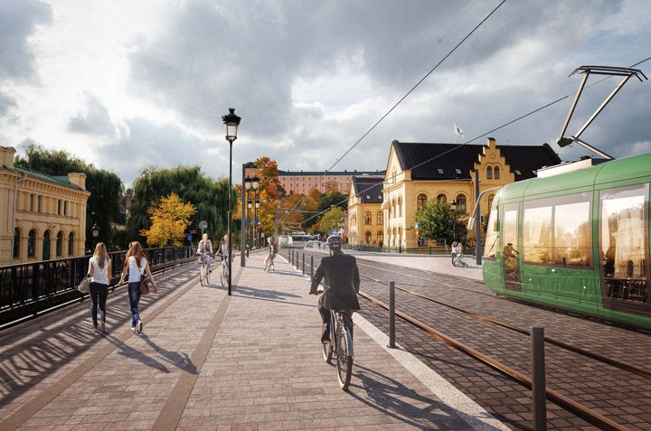 Montage med spårvagn i Uppsalamiljö.