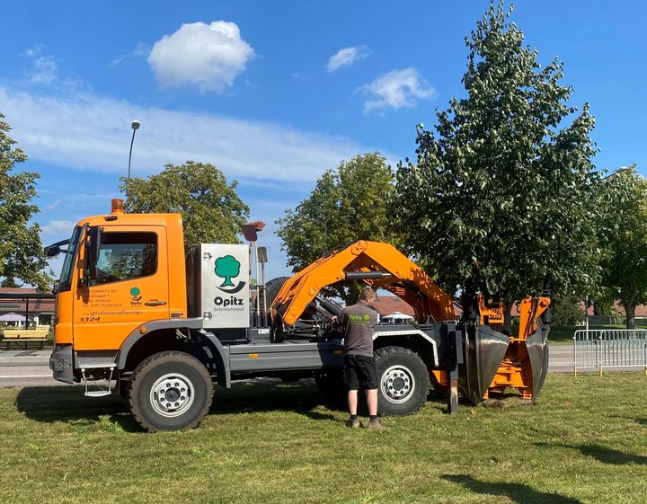 Det är en erfaren entreprenör som utför arbetet med specialbygda maskiner som gräver upp roten och flyttar träd efter träd till sina nya växtplatser. Foto: Anna Lennartsson, Uppsala kommun.