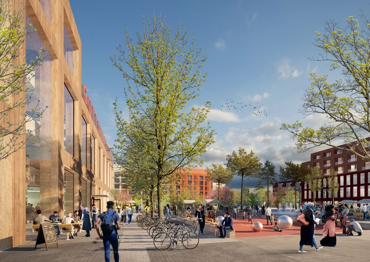 Uppsala arkitekturdagar hålls under två dagar i Gottsunda, som också står i centrum för diskussioner om arkitektur och hållbar stadsutveckling. På bilden ser vi ett förslag på hur det nya torget i Gottsunda kan komma att se ut. Illustration: Mandaworks & Warm in the Winter.