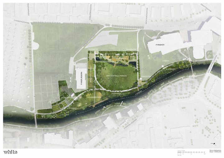 Norra stadsparken vid Fyrishov planeras bli en grön mötesplats med gång- och cykelstråk längs Fyrisån, med gott om plats för lek, aktiviteter och evenemang. Illustration: White.