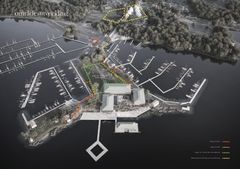 Översiktsbild av utvecklingsområdet Skarholmen. Illustration: Krook & Tjäder.