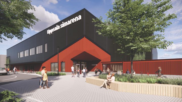 Den nya simarenan rymmer en 50‑metersbassäng, undervisningsbassänger och en simhoppbassäng, samt en 50‑meters utebassäng med ytor för publik vid tävling. Anläggningen erbjuder också banor för motionssim vissa tider. Bild: Arkitektens visionsskiss.