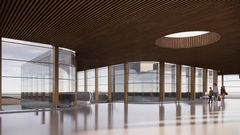 Vy inifrån bron. De material som kommer användas är främst betong, stål, glas och trä.