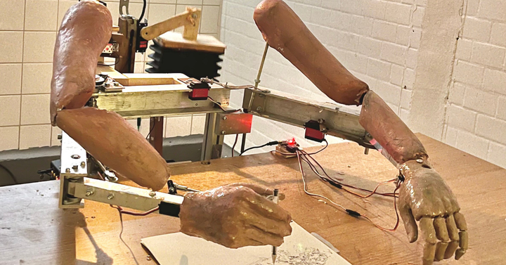 Små mekaniska rörelser skapar oväntat ömsinta streck på papperet i Tobias Bradfords verk Imposter Machine (drawing is your only way to communicate), visas 5 februari–22 februari 2026. Fri entré. Foto: konstnären.