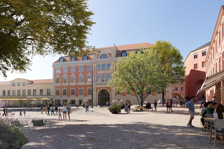 Visionsbild av Fyristorg i ny tappning. Ett grönare, trivsammare och tryggt torg med bättre plats för torghandel, uteserveringar och evenemang, något som önskats när Uppsalaborna, stadens näringsidkare, fastighetsägare och Uppsala Citysamverkan fått säga sitt. Visonsbild: Nyréns Arkitektkontor.