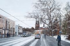 Sjukhusvägen, en av de platser där Uppsala spårväg kommer att stanna. Illustration: Uppsala spårväg.