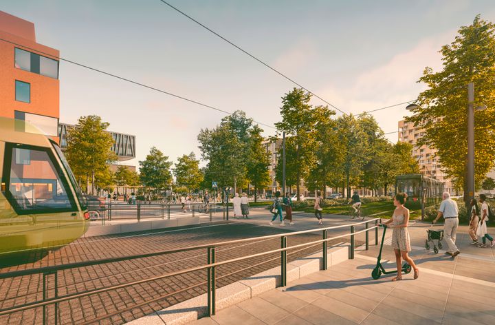 Gottsunda Centrum, en av de platser där Uppsala spårväg kommer att stanna. Illustration: Uppsala spårväg.