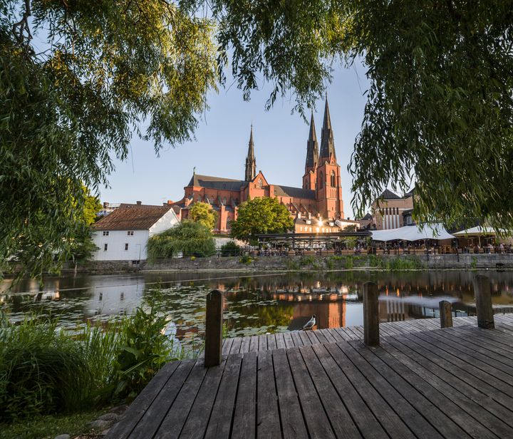 Fyrisån i förgrunden med domkyrkan i bakgrunden.