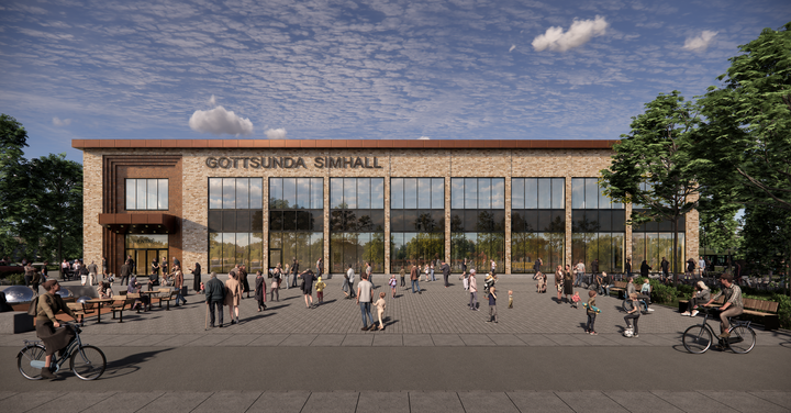 Så här kan den nya simhallen i Gottsunda komma att se ut. Exakt utformning bestäms längre fram i projektet. Bild: a och d arkitektkontor.
