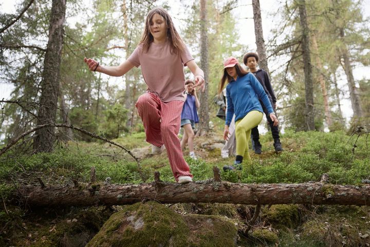 Barn springer i skogen