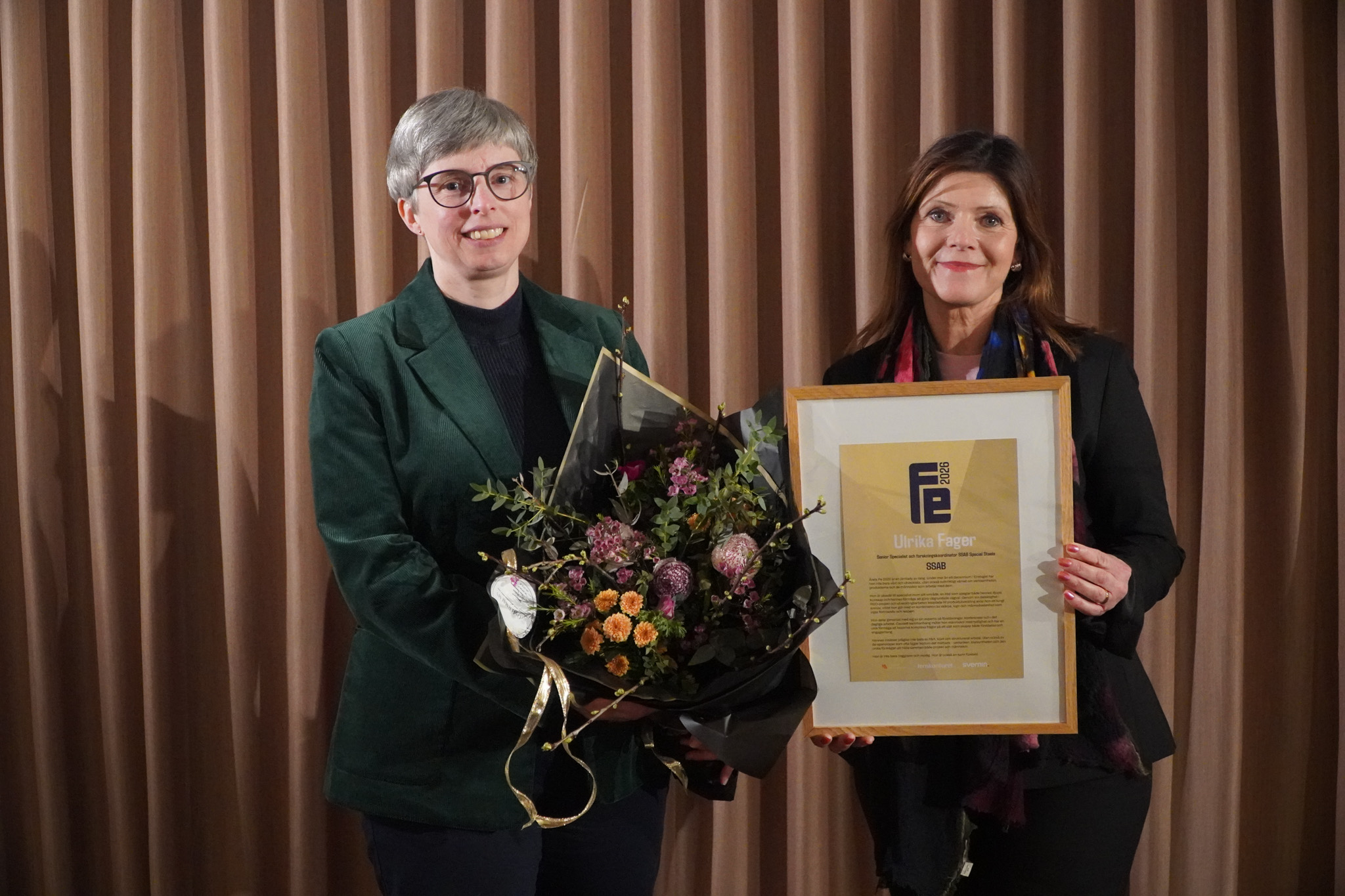 Ulrika Fager, Årets Fe 2026, och Eva Nordmark, prisutdelare och ordförande i Talga Group