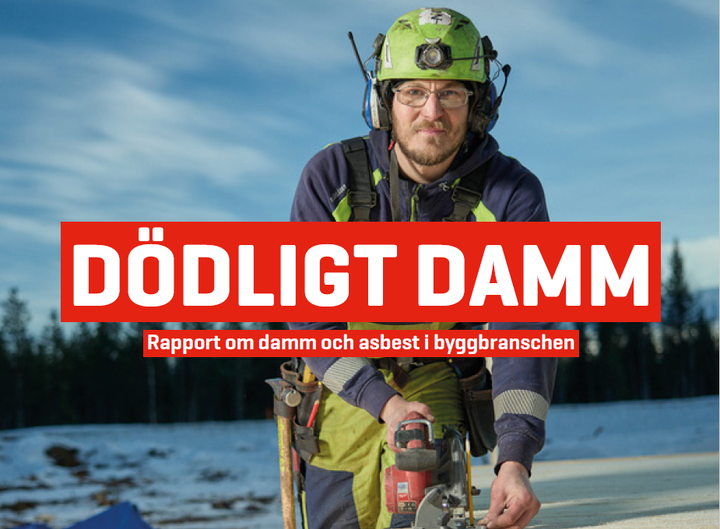 Byggarbetare med skyddsutrustning arbetar med verktyg, med rubriken ”Dödligt damm”.