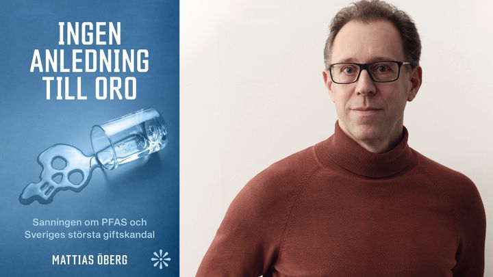 Bokomslag med titeln "Ingen anledning till oro" bredvid en man i röd tröja.