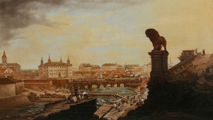 Utsikt från nuvarande Mynttorget över Slaktarhusbron, Blasieholmen och Lejonbacken. Johan Sevenbom, 1767.
