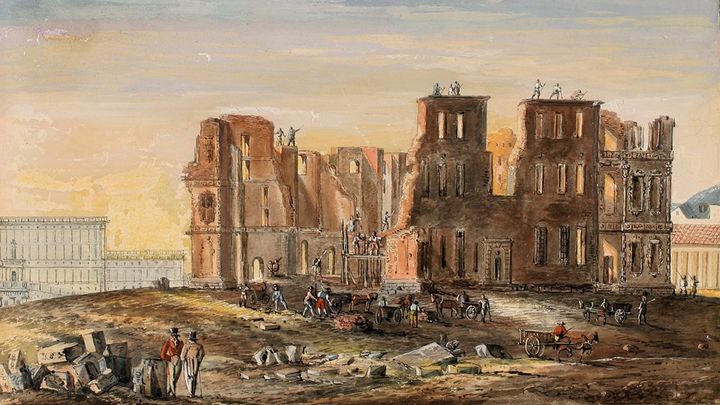 Palatset Makalös efter branden. Axel Fredrik Cederholm, 1828.