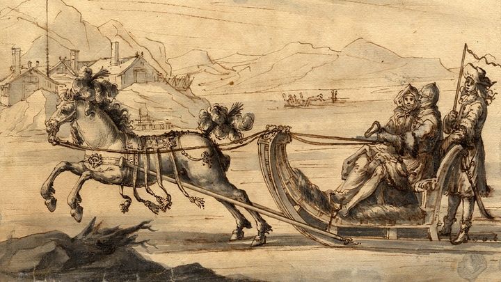 ”Släde på Mälarisen”. Konstnär: Lorenzo Magalotti, ur ”Notizie di Svezia”, 1674. Uppsala universitetsbibliotek.