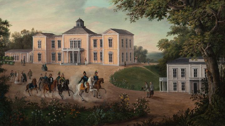 Rosendals slott, i förgrunden Karl XIV Johan till häst med uppvaktning, excellensen Magnus Brahe med flera. Konstnär: Axel Otto Mörner, årtal 1840–1849.