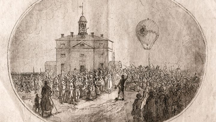 Ballonguppstigning från Observatoriets gård hösten 1784. Den enda passageraren var en katt. Farkosten hittades efter några veckor på Värmdön, men katten var försvunnen. Arkiv: Kungliga Vetenskapsakademien.