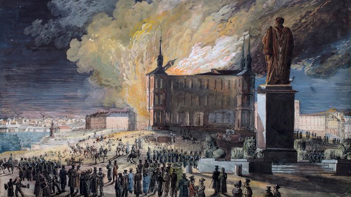 Det är i år 200 år sedan Palatset Makalös brann. Samtida gouachemålning av Axel Fredrik Cederholm.