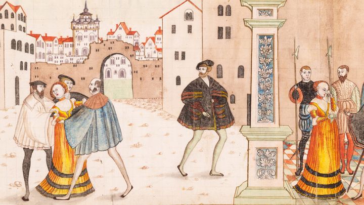 Pappa Gösta – en familjevandring i Gustav Vasas spår: Triumftavla, Gustav Vasa. Akvarell av Jacob Wendelius från 1722. Bilden är en kopia av en från Gripsholm försvunnen tavelsvit och föreställer sannolikt Storkyrkobrinken med S:t Nicolai port och slottet i bakgrunden. Kungliga bibliotekets arkiv.